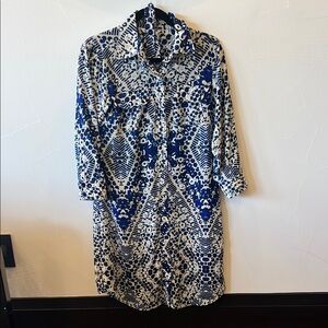 CAbi Blue, Crème & White Long Sleeve Buttoned Shirt Dress